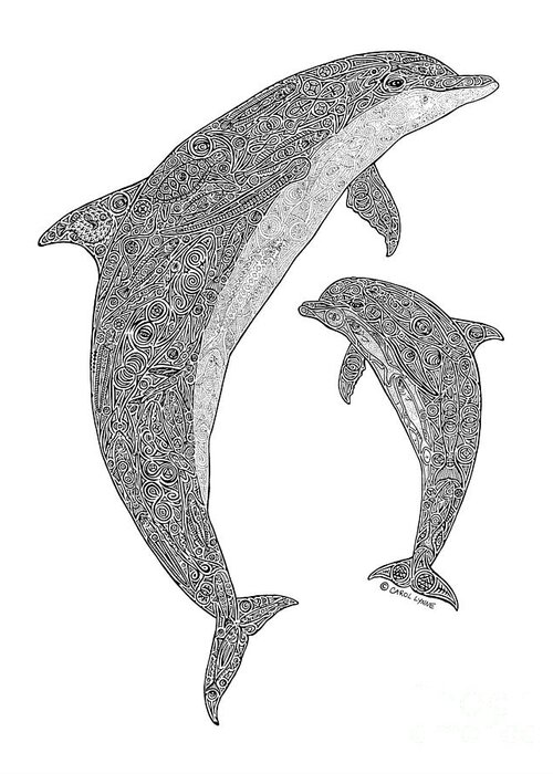 Dolphin Greeting Card featuring the drawing Tribal Bottle Nose Dolphin and Calf by Carol Lynne