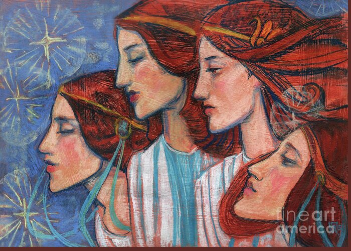 Art Nouveau Greeting Card featuring the pastel Tribute to Art Nouveau, pastel painting, fine art, redhaired girls by Julia Khoroshikh