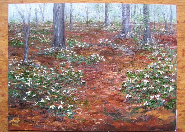 Trilliums Greeting Card featuring the painting Trilliums after the rain by Jan Byington