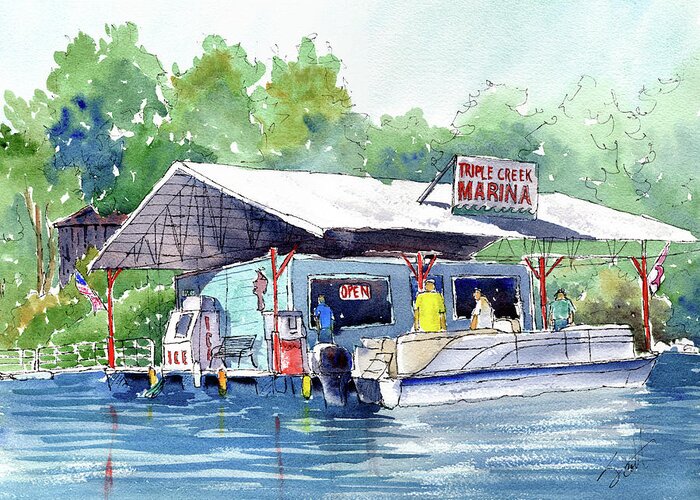 Boat Greeting Card featuring the painting Triple Creek Marina by Scott Brown