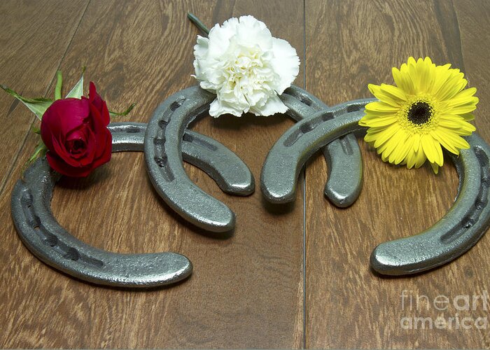 Triple Crown Greeting Card featuring the photograph Triple Crown Flowers on Horseshoes by Karen Foley