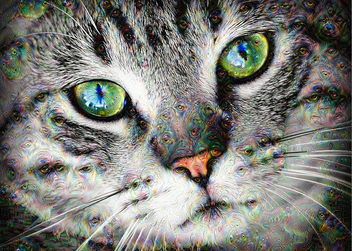 Cat Greeting Card featuring the digital art Trippy deep dream cat portrait by Matthias Hauser