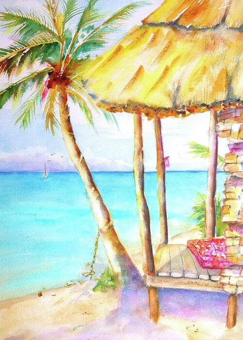 Tropical Greeting Card featuring the painting Tropical Beach Hut Watercolor by Carlin Blahnik CarlinArtWatercolor