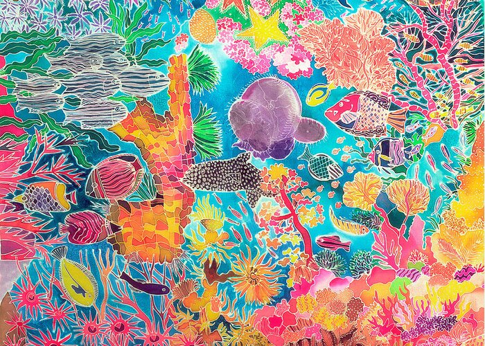 Marine; Sub Aquatic; Underwater; Fish; Coral; Anemone; Star-fish; Sea; Reef Greeting Card featuring the painting Tropical Coral by Hilary Simon