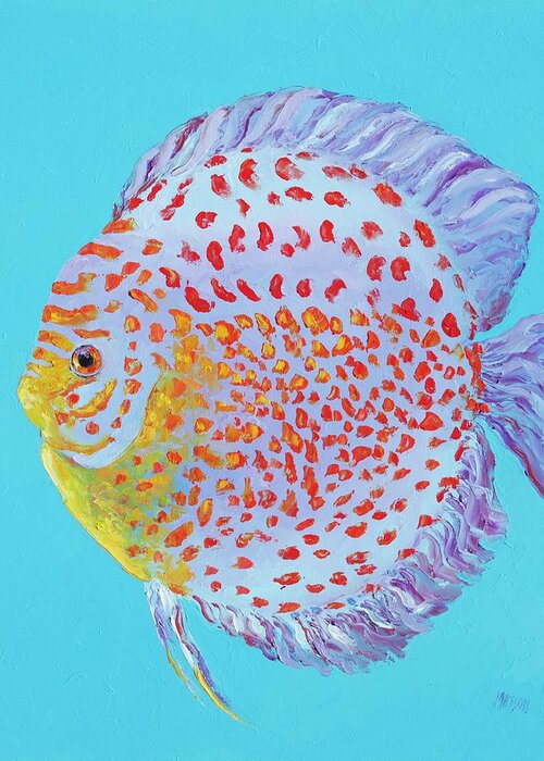 Fish Greeting Card featuring the painting Tropical Discus fish with red spots by Jan Matson