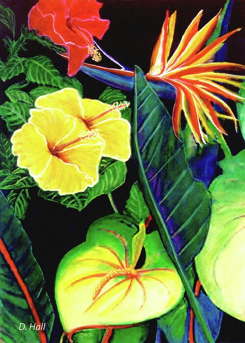 Tropical Flowers Greeting Card featuring the painting Tropical Flower Arrangement #251 by Donald K Hall