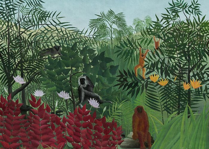 Henri Rousseau Greeting Card featuring the painting Tropical Forest With Monkeys by Henri Rousseau
