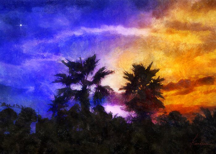 Tropic Tropical Landscape Night Sunset Twilight Evening Trees Palms Silhouette Sky Palms Clouds Trees Greeting Card featuring the digital art Tropical Night Fall by Frances Miller