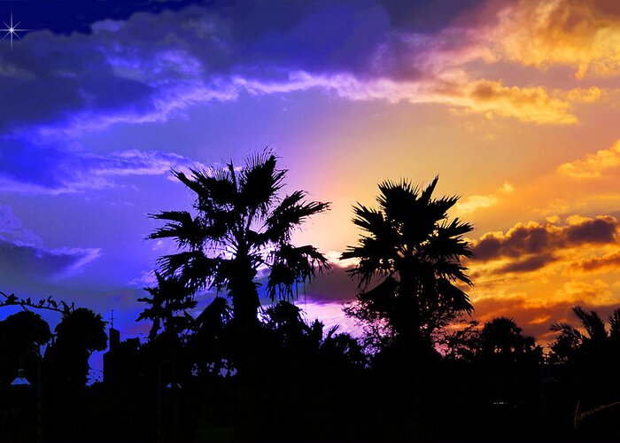 Tropic Tropical Landscape Night Sunset Twilight Evening Trees Palms Silhouette Sky Greeting Card featuring the photograph Tropical Nightfall by Frances Miller