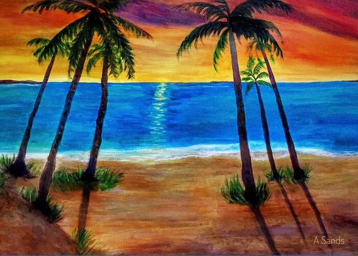 Sunset Greeting Card featuring the painting Tropical Paradise by Anne Sands
