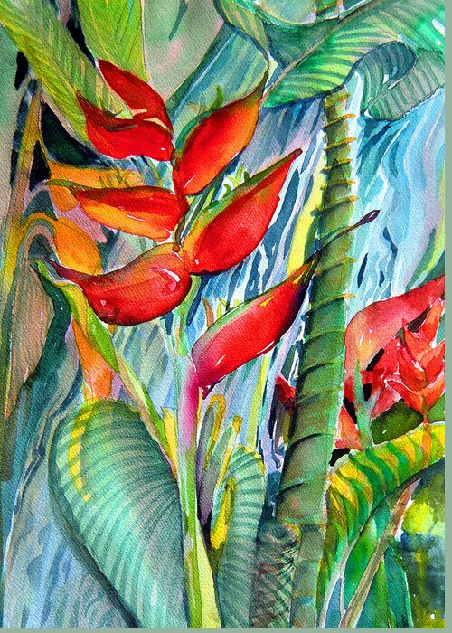 Watercolor Greeting Card featuring the painting Tropical Waterfall by Mindy Newman