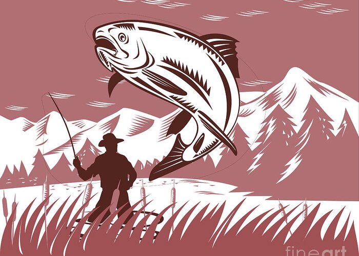 Fly Fisherman Greeting Card featuring the digital art Trout jumping fisherman by Aloysius Patrimonio