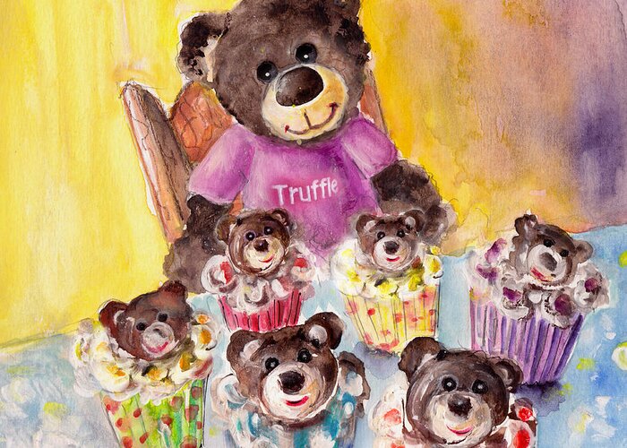 Animals Greeting Card featuring the painting Truffle McFurry And The Bear Cupcakes by Miki De Goodaboom