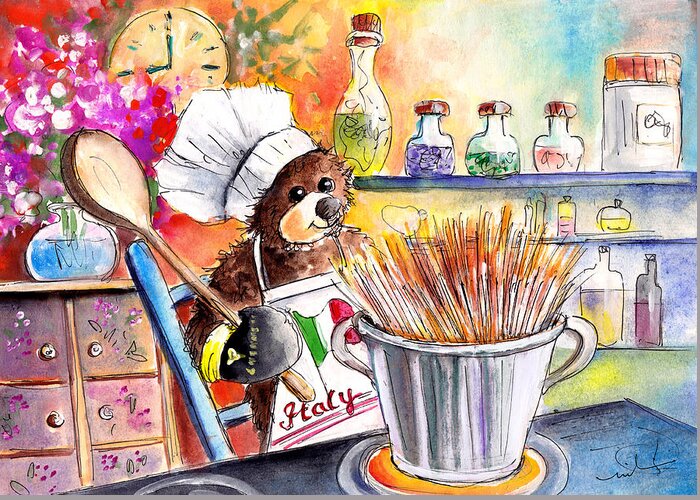 Animals Greeting Card featuring the painting Truffle McFurry Cooking Spaghettis by Miki De Goodaboom