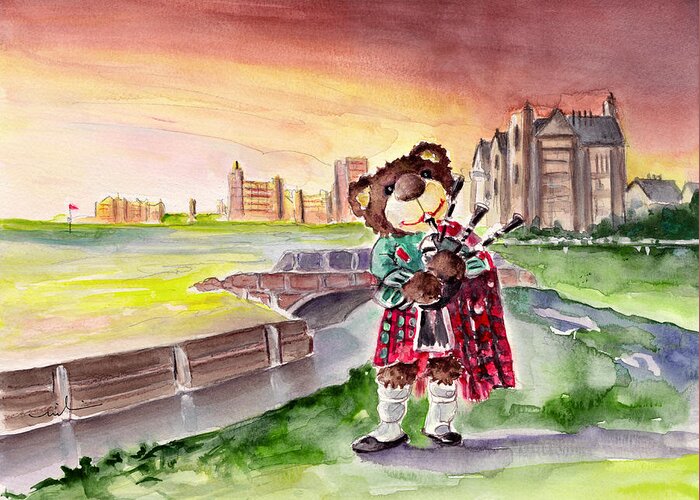 Animals Greeting Card featuring the painting Truffle McFurry Playing The Bagpipes At St Andrews by Miki De Goodaboom