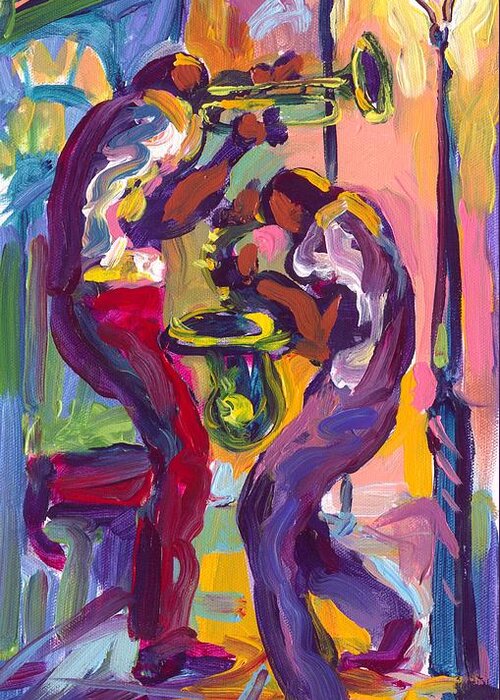 Trumpet Greeting Card featuring the painting Trumpet and Saxophone by Saundra Bolen Samuel