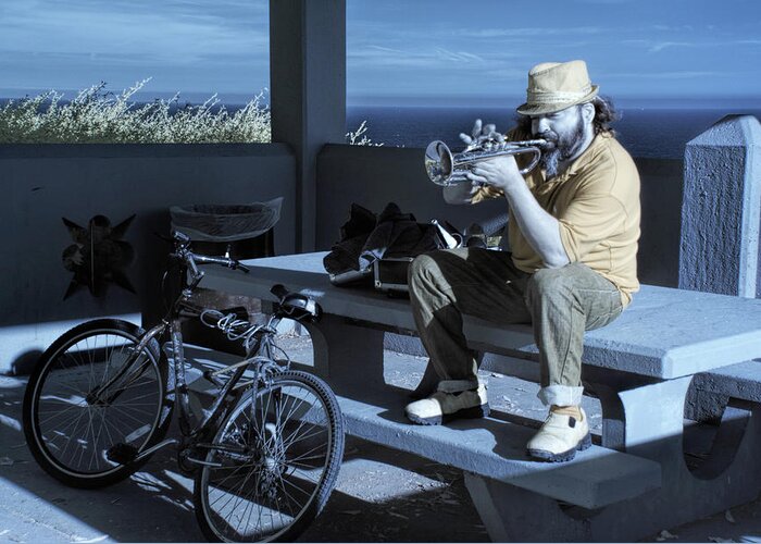 Music Greeting Card featuring the photograph Trumpet Player playing the Blues Fermin Point Los Angeles in Infrared by Randall Nyhof