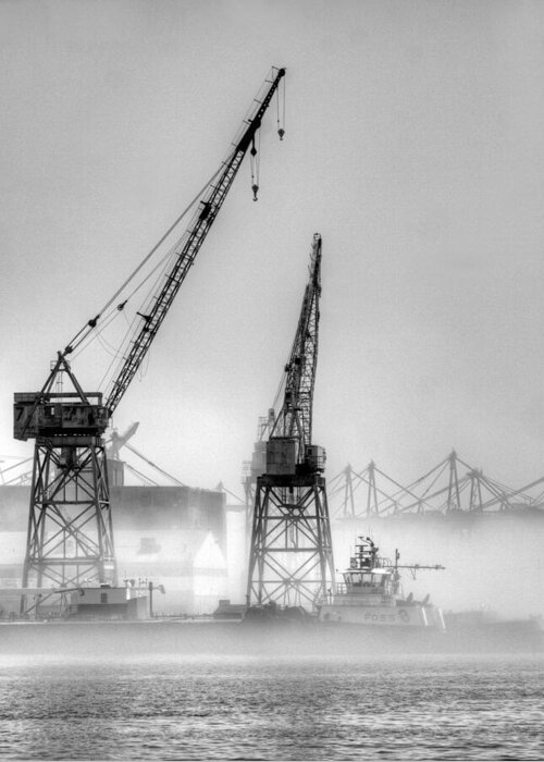 Los Angeles Harbor Greeting Card featuring the photograph Tug with Cranes by Joe Schofield