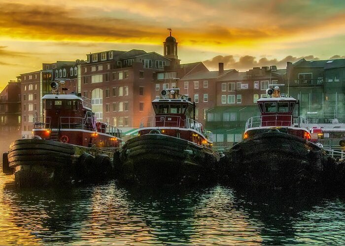 New England Greeting Card featuring the photograph Tugboats in Portsmouth Harbor at Dawn by Thomas Lavoie