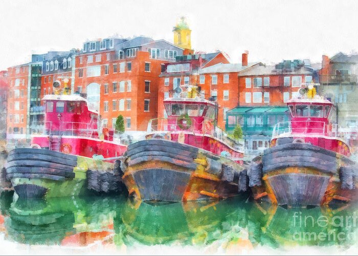 Tug Greeting Card featuring the digital art Tugboats Portsmouth New Hampshire Watercolor by Edward Fielding
