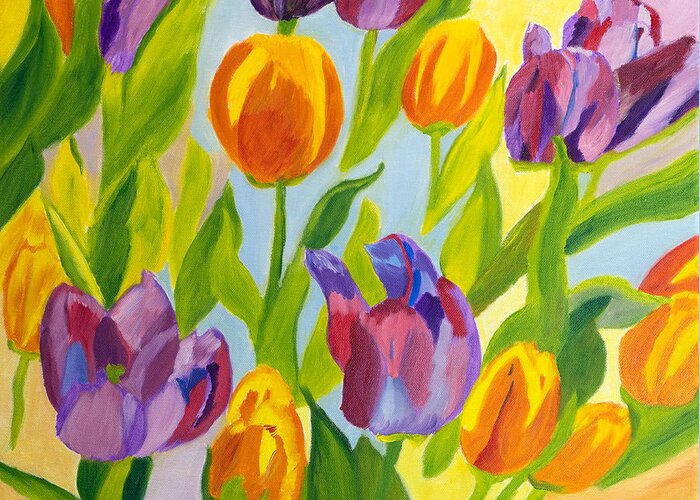 Tulips Greeting Card featuring the painting Tulip Fest by Meryl Goudey