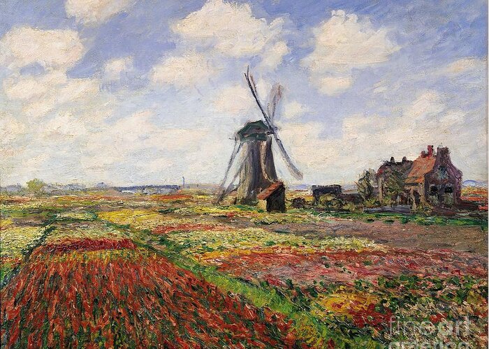 #faatoppicks Greeting Card featuring the painting Tulip Fields with the Rijnsburg Windmill by Claude Monet