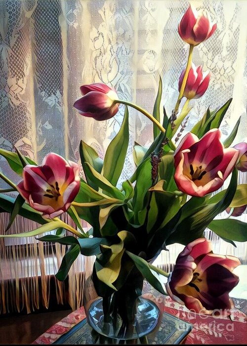 Still Life Greeting Card featuring the photograph Tulips And Lace by Jodie Marie Anne Richardson Traugott     aka jm-ART
