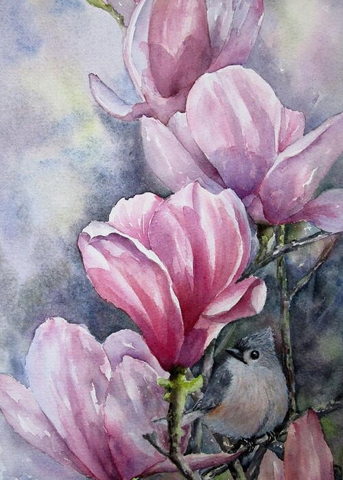 Tulip Tree Blossoms Greeting Card featuring the painting Tulips and Titmouse by Mary McCullah