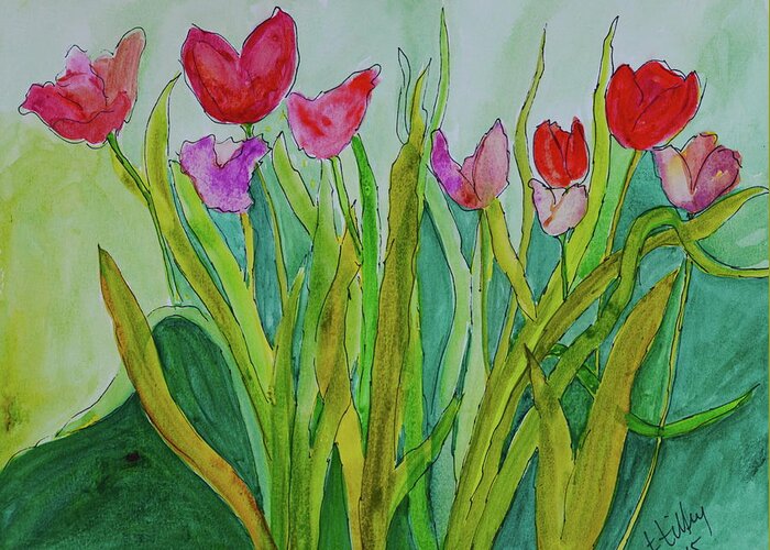 Red Greeting Card featuring the painting Tulips by Teresa Tilley