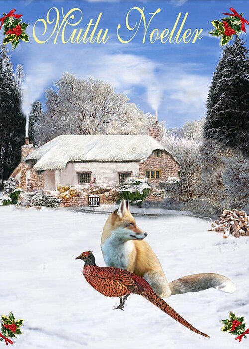 Turkish Christmas Card Greeting Card featuring the mixed media Turkish Winter Garden Fox and Pheasant by Eric Kempson