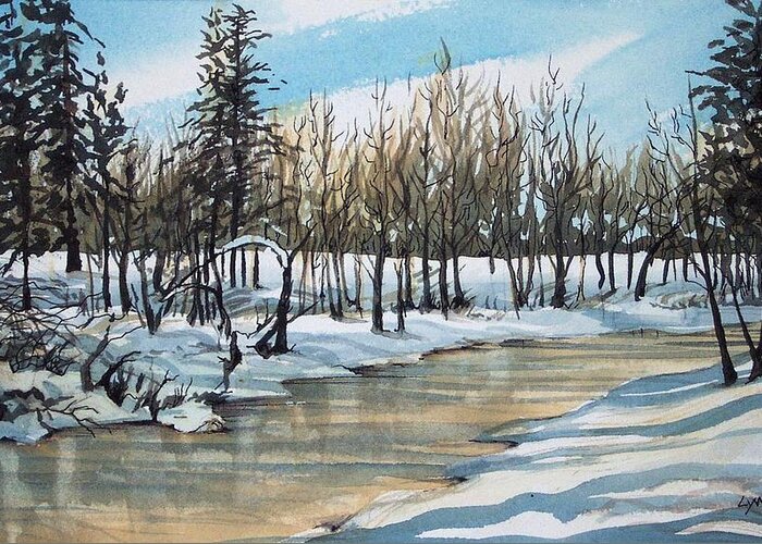 Winter Frozen Creek Scene Landscape Forest Water Snow Trees Shadows Greeting Card featuring the painting Turnbull Wild Life Refuge 1 by Lynne Haines