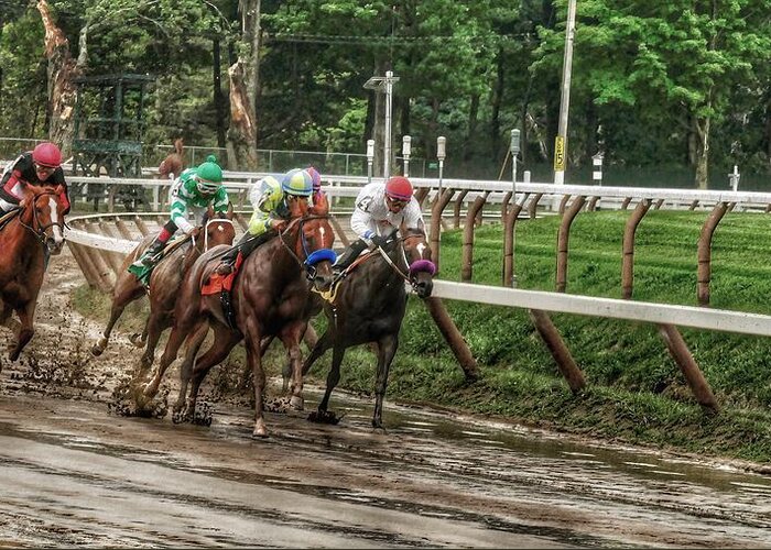 Race Horses Greeting Card featuring the photograph Turning the Mud by Jeffrey PERKINS