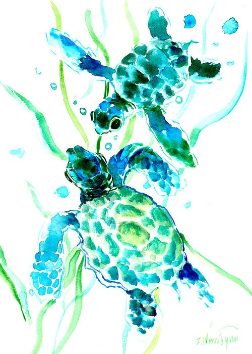 Sea Turtle Greeting Card featuring the painting Turquoise Indigo Sea Turtles by Suren Nersisyan