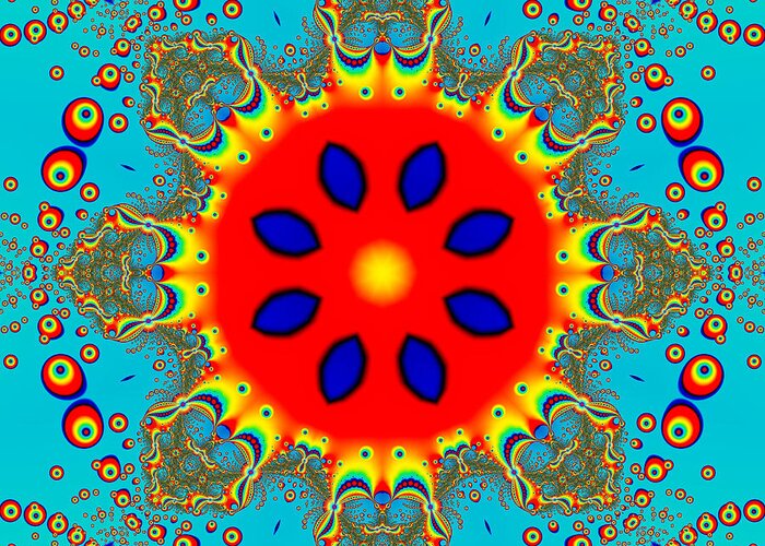 Abstract Greeting Card featuring the digital art Turquoise Red Fractal Mandala by Marv Vandehey