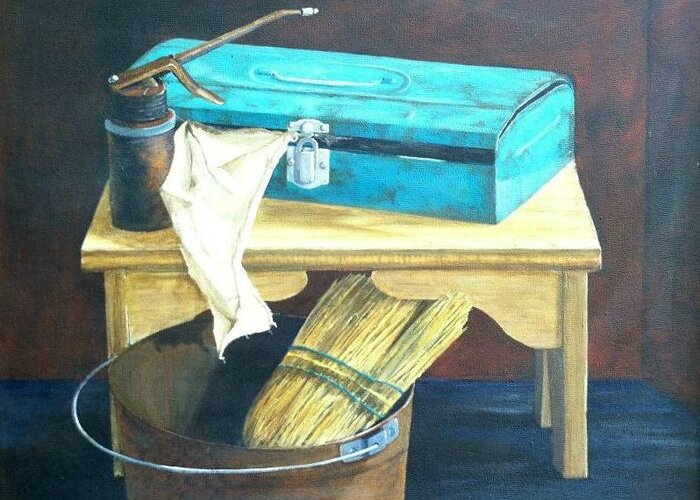 Workshop Art Greeting Card featuring the painting Turquoise Toolbox by Teresa Fry