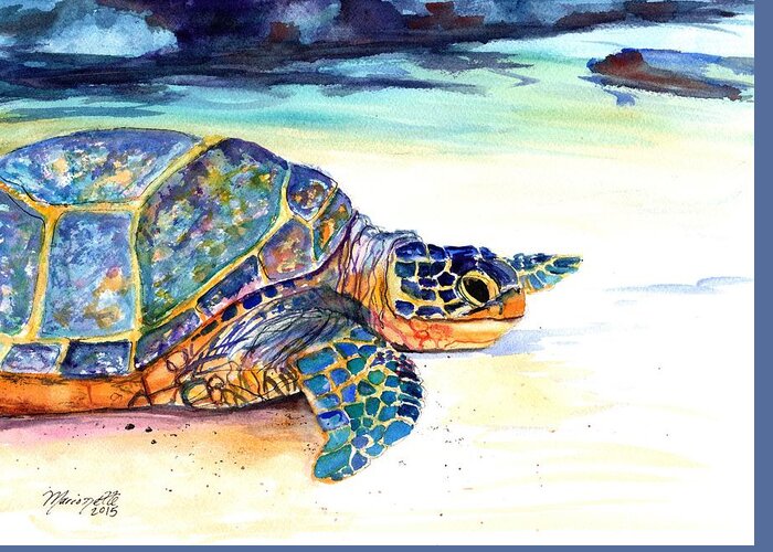 Sea Turtle Greeting Card featuring the painting Turtle at Poipu Beach 2 by Marionette Taboniar