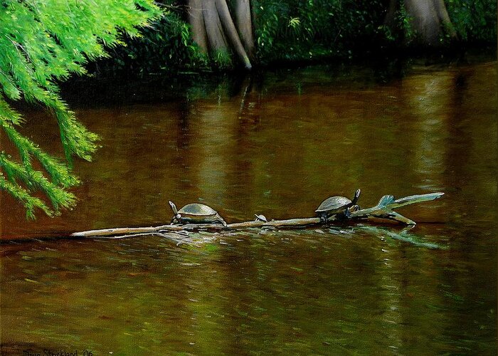 Doug Strickland Greeting Card featuring the painting Turtle Log Spa by Doug Strickland