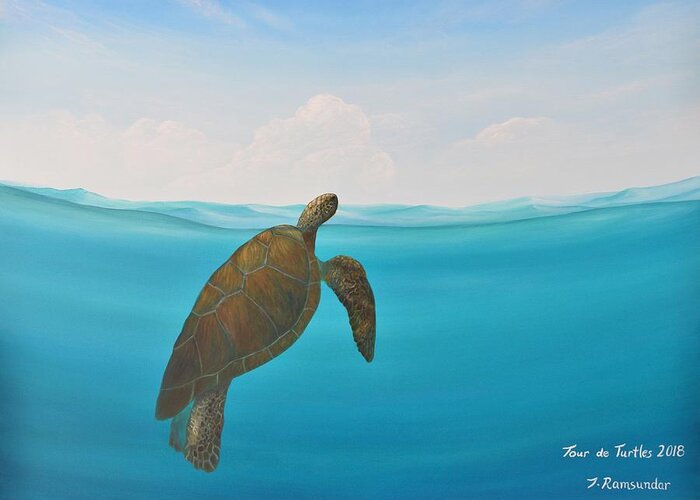 Sea Greeting Card featuring the painting Turtle Rising by Torrence Ramsundar