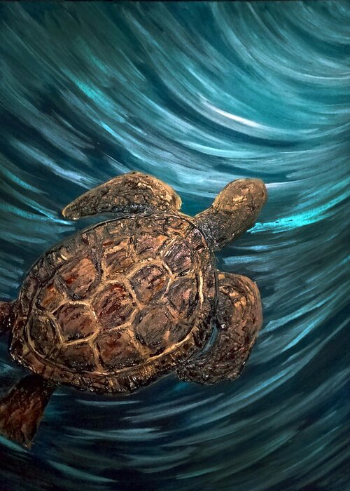 Sea Greeting Card featuring the painting Turtle Wave Deep Blue by Michelle Pier