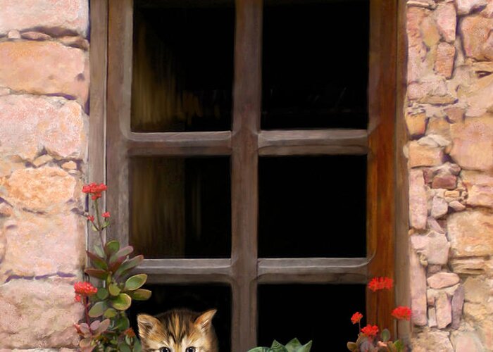 Kitten Greeting Card featuring the digital art Tuscan Kitten in the Window by Bob Nolin