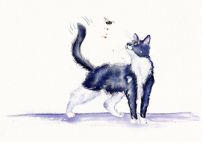 Cat Greeting Card featuring the painting Tuxedo Cat and Bumble Bee by Debra Hall