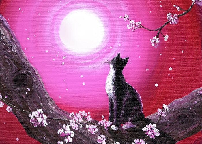 Tuxedo Cat Greeting Card featuring the painting Tuxedo Cat in Cherry Blossoms by Laura Iverson