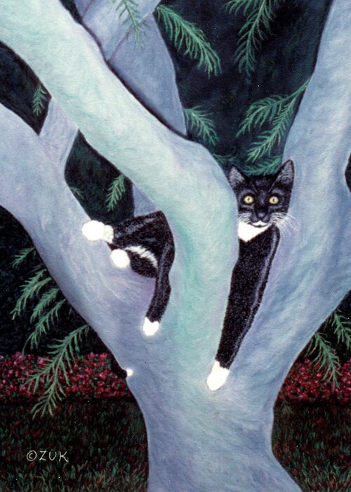 Karen Zuk Rosenblatt Greeting Card featuring the painting Tuxedo Cat in Mimosa Tree by Karen Zuk Rosenblatt