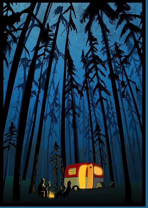 Camper In The Woods Greeting Card featuring the painting Twilight Camping by Sassan Filsoof