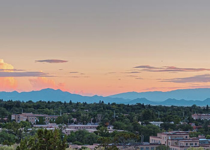 Santa Fe Greeting Card featuring the photograph Twilight Panorama of Santa Fe Cityscape with Sandia Mountains in the Background - New Mexico by Silvio Ligutti
