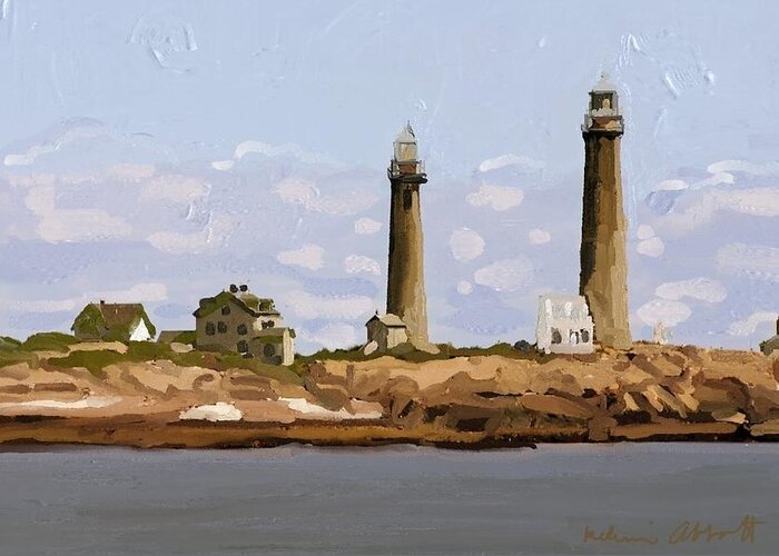 Twin Lights Greeting Card featuring the painting Twin Lights, Thatcher's Island, Rockport, MA by Melissa Abbott
