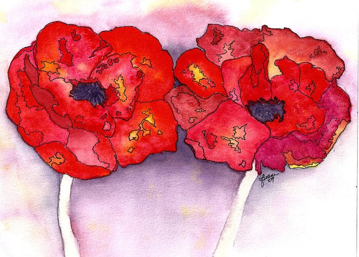 Red Greeting Card featuring the painting Twin Poppies with Ink by Elise Boam