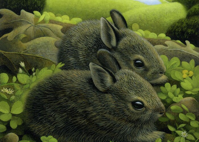 Rabbits Greeting Card featuring the painting Twins by Chris Miles