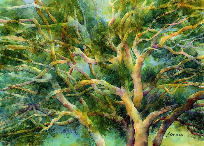 Oak Greeting Card featuring the painting Twisted Oak by Hailey E Herrera