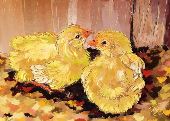 Animal Greeting Card featuring the digital art Two baby Cornish chicks by Debra Baldwin